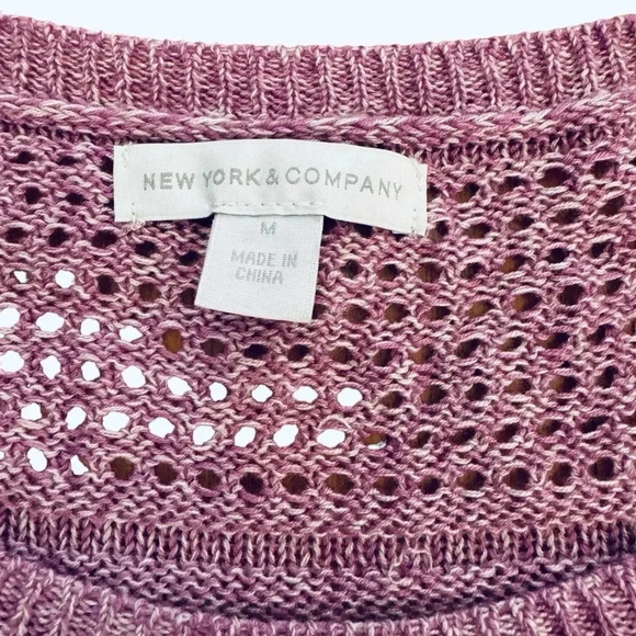 New York & Co Purple Sweater Open Knit Crochet Crew Neck 3/4 Sleeve Pullover M - Picture 6 of 7